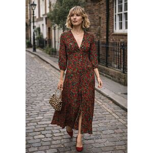 RIXO London Multicolor Long Sleeve Paisley V-Neck Midi Dress    Women's Size 8